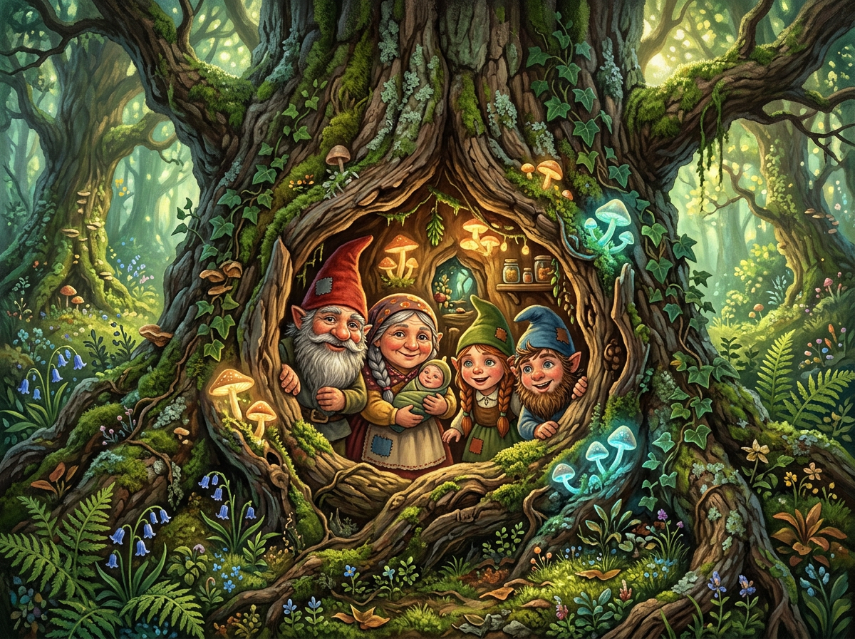 Gnome family inside a hollow tree with glowing mushrooms and forest plants