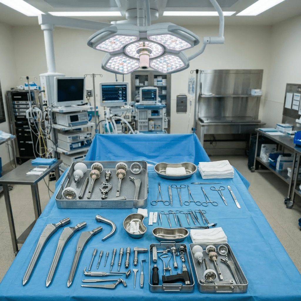 Surgical team in blue scrub suits and masks performing an operation with medical instruments and monitors
