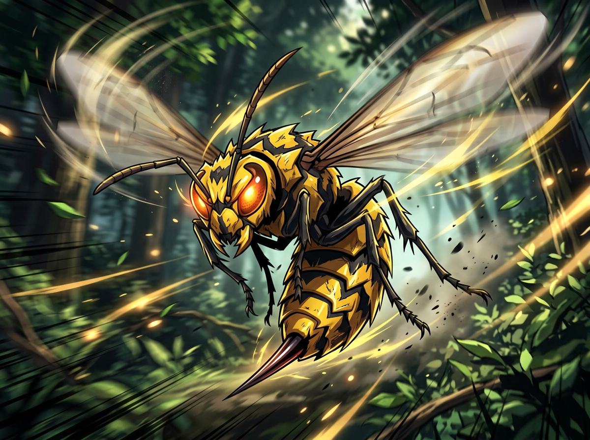 Close-up of yellow and black hornet flying fast in forest with motion blur